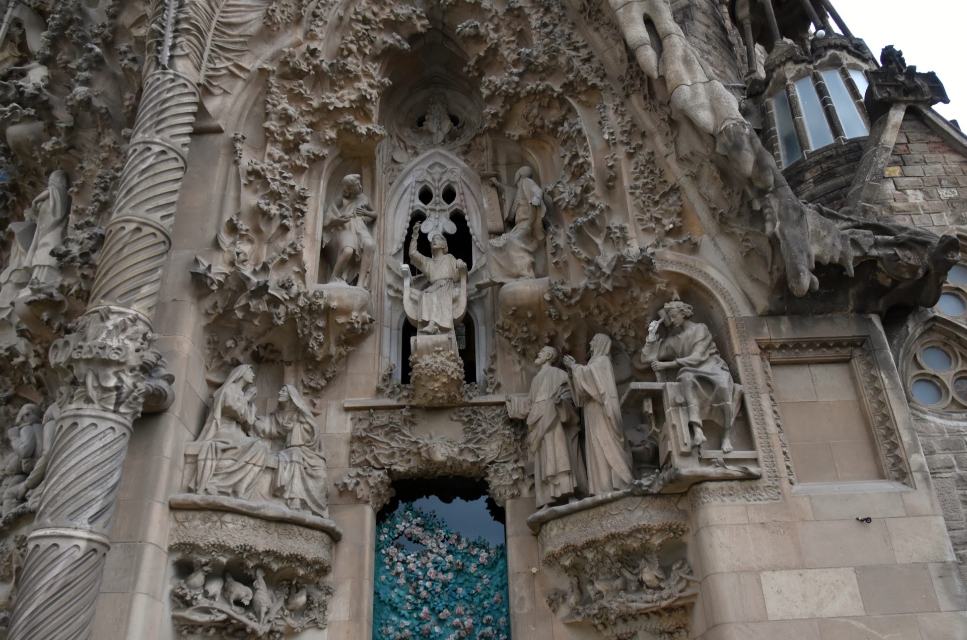 Dense figurative sculpture and flora on the Nativity façade