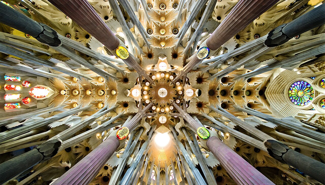Hyperboloid tree-like columns rising through the nave